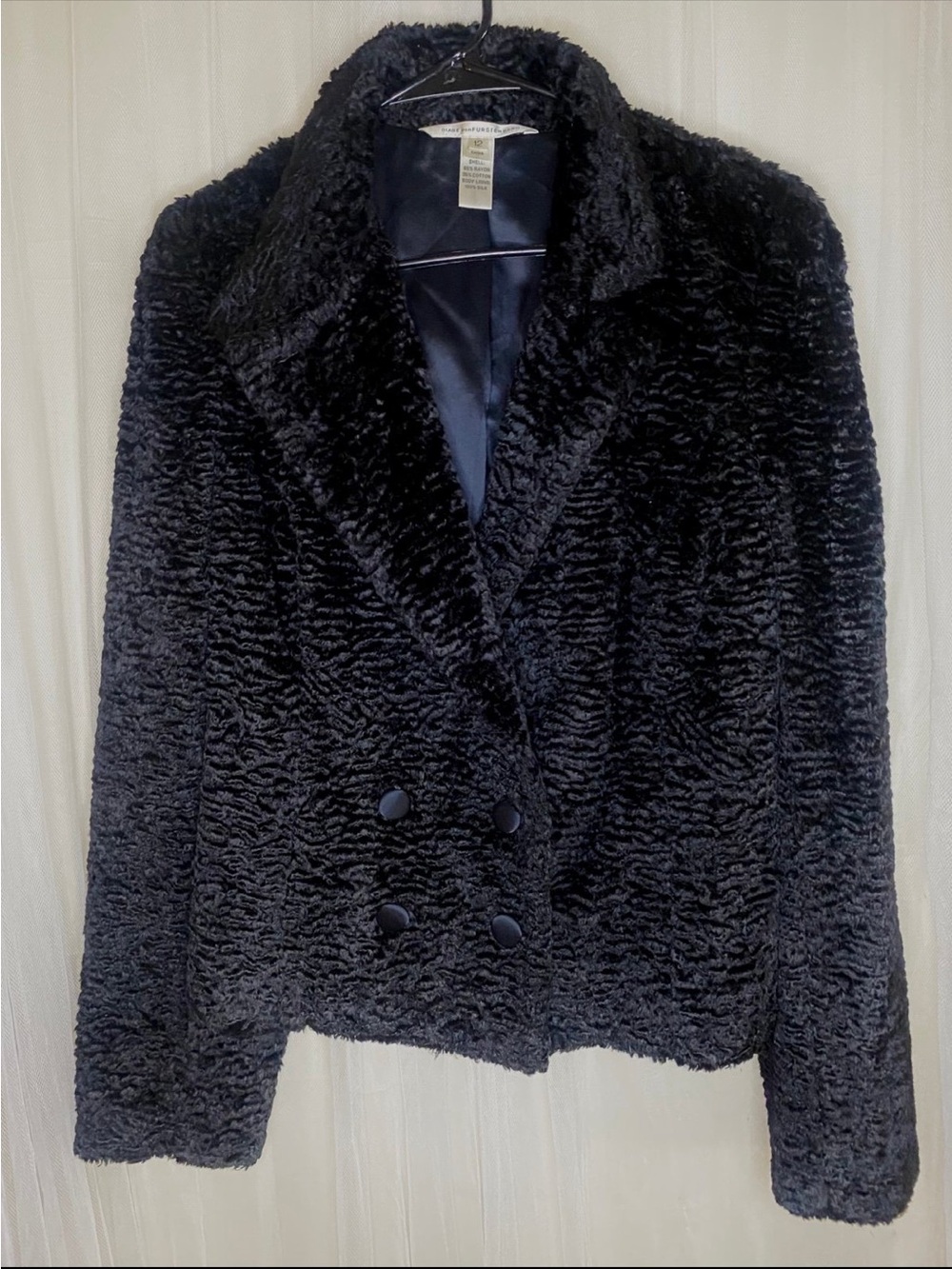 Vintage Diane von Furstenberg Black Faux Persian Lamb Silk Lined Jacket Size 12